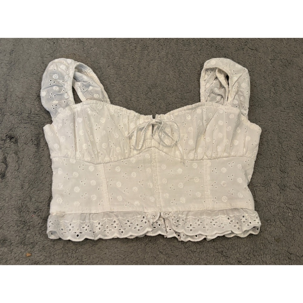 Hollister White Eyelet Floral Smocked Crop Top XS Sweetheart Tie Front Blouse